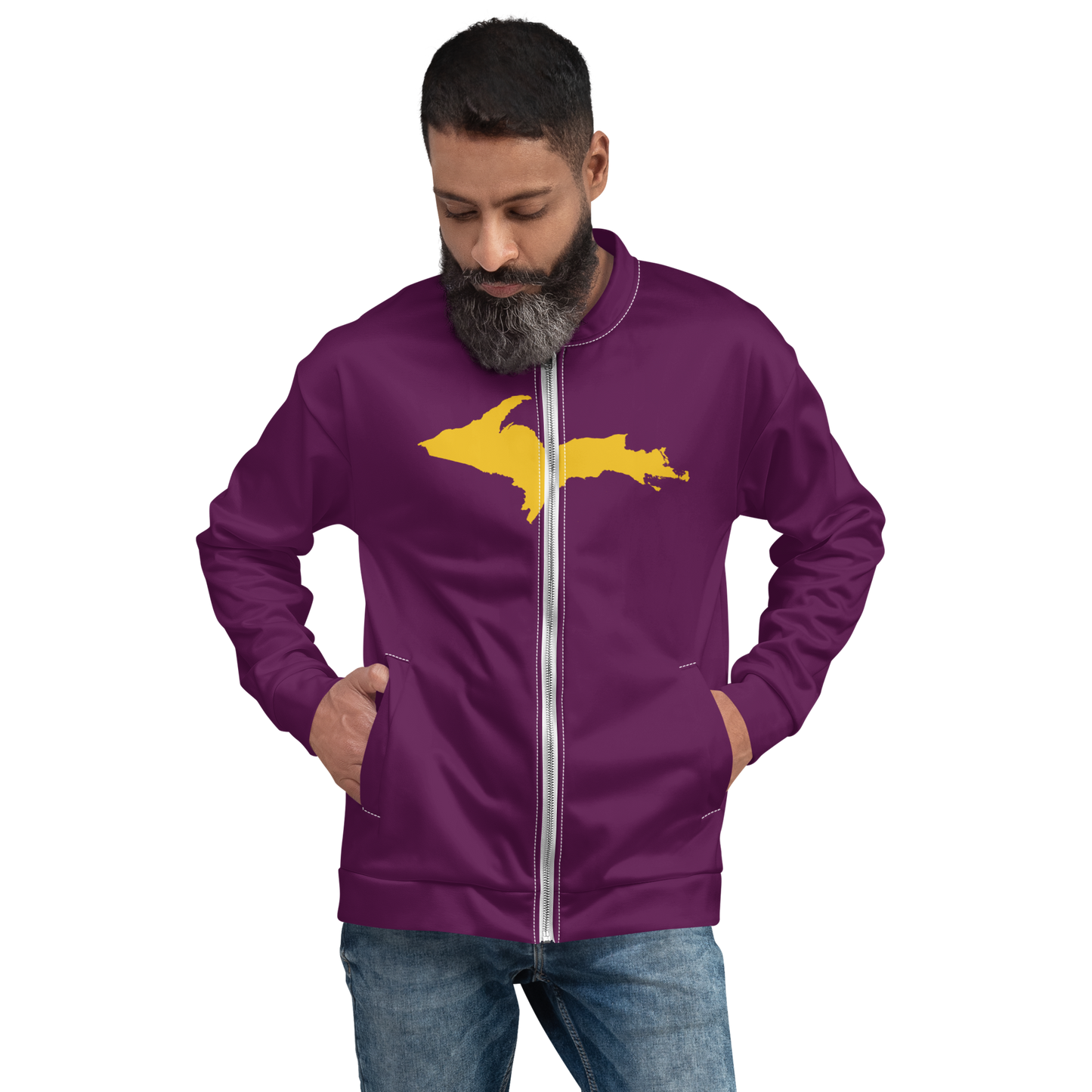 Michigan Upper Peninsula Bomber Jacket (w/ Large Gold UP Outline) | Tyrian Purple