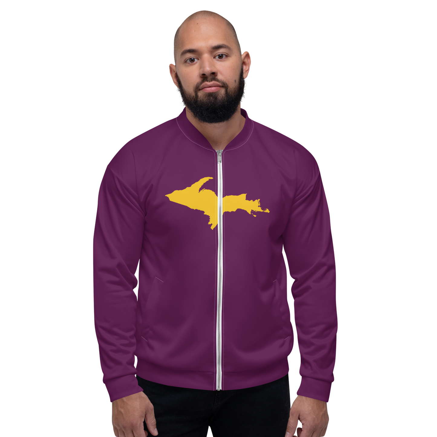 Michigan Upper Peninsula Bomber Jacket (w/ Large Gold UP Outline) | Tyrian Purple