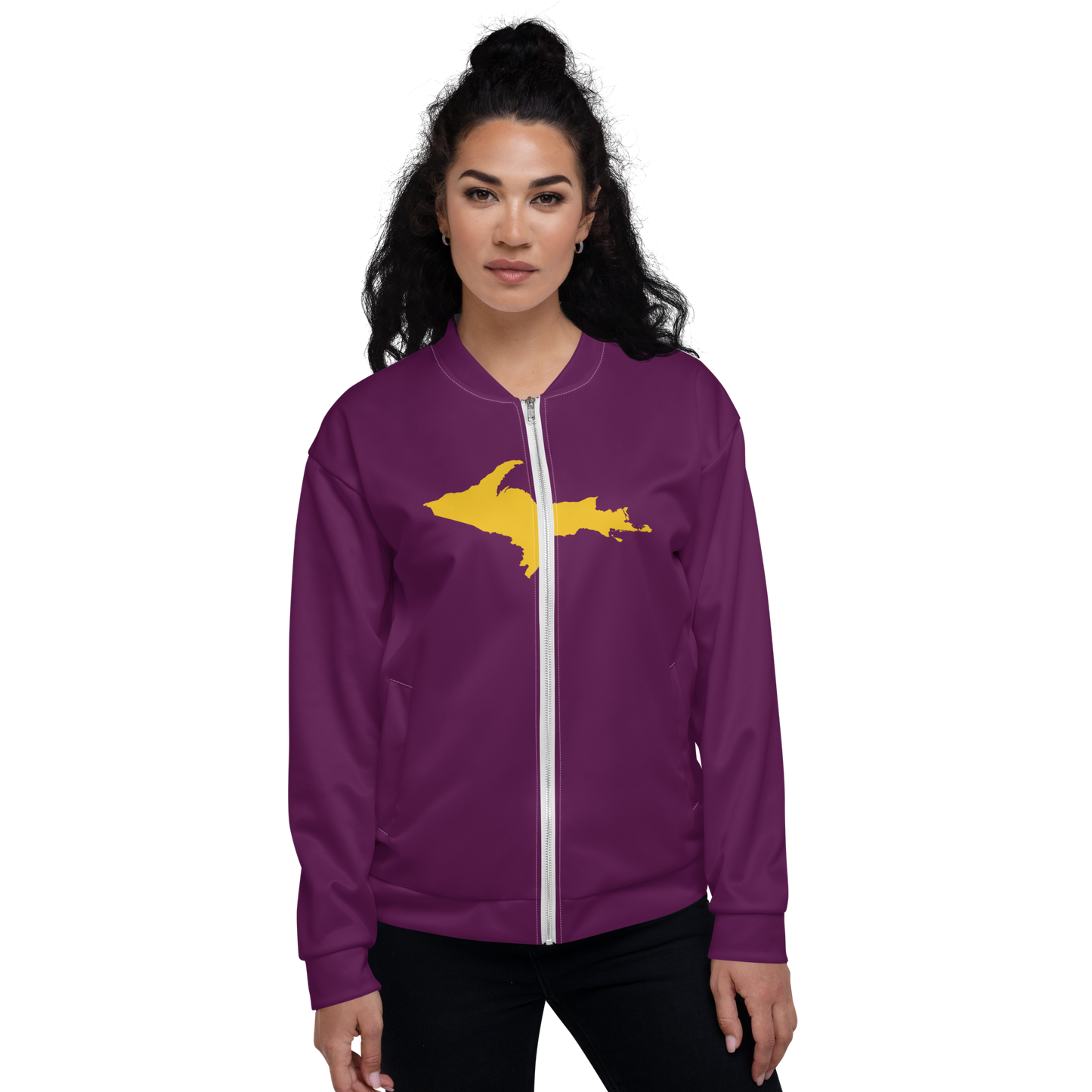 Michigan Upper Peninsula Bomber Jacket (w/ Large Gold UP Outline) | Tyrian Purple