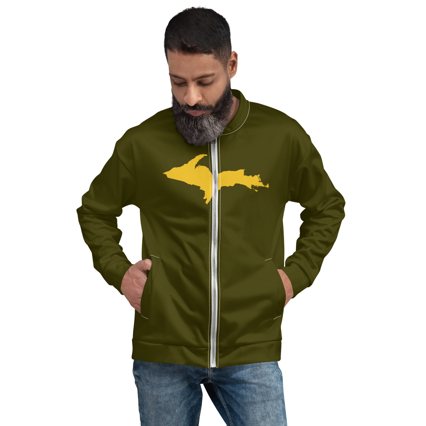 Michigan Upper Peninsula Bomber Jacket (w/ Large Gold UP Outline) | Military Green