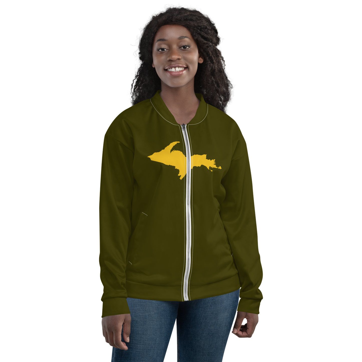 Michigan Upper Peninsula Bomber Jacket (w/ Large Gold UP Outline) | Military Green