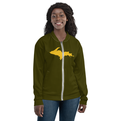 Michigan Upper Peninsula Bomber Jacket (w/ Large Gold UP Outline) | Military Green