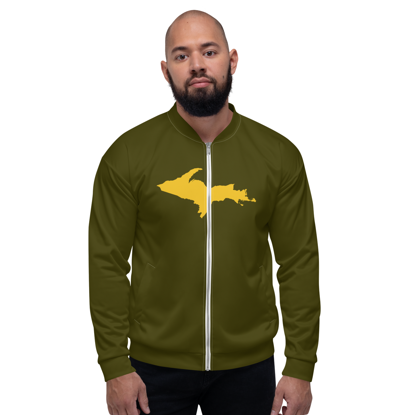 Michigan Upper Peninsula Bomber Jacket (w/ Large Gold UP Outline) | Military Green