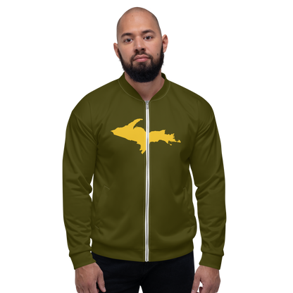 Michigan Upper Peninsula Bomber Jacket (w/ Large Gold UP Outline) | Military Green