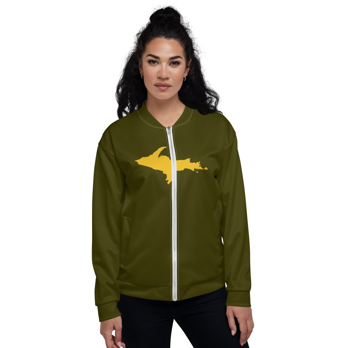 Michigan Upper Peninsula Bomber Jacket (w/ Large Gold UP Outline) | Military Green