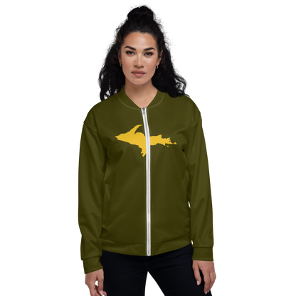 Michigan Upper Peninsula Bomber Jacket (w/ Large Gold UP Outline) | Military Green