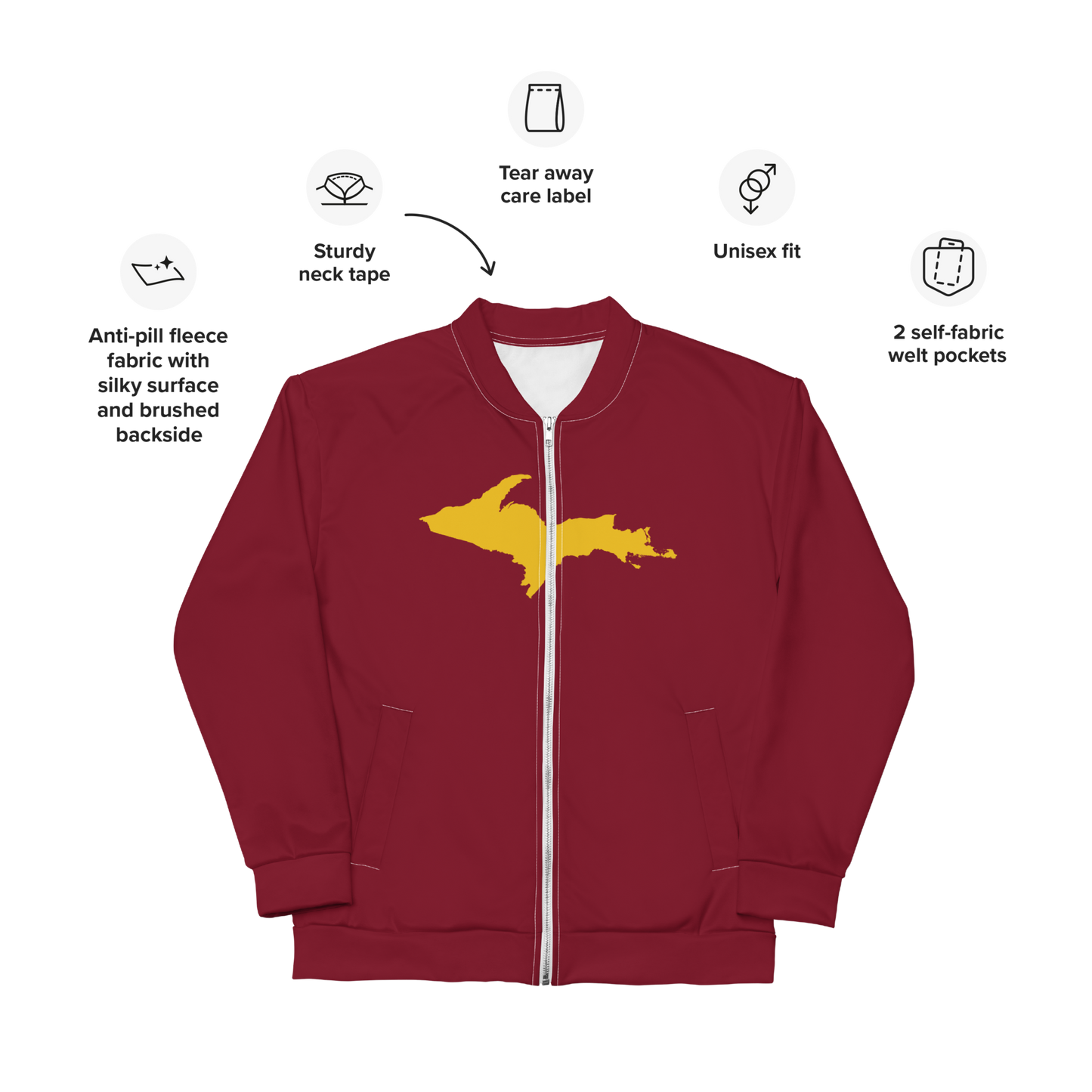 Michigan Upper Peninsula Bomber Jacket (w/ Large Gold UP Outline) | Burgandy