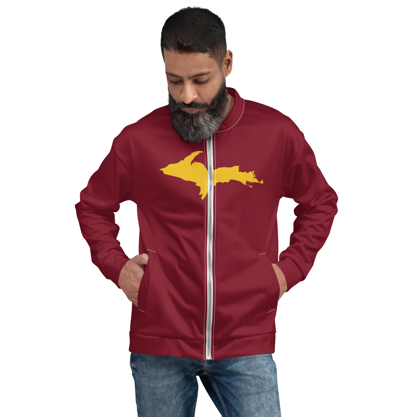 Michigan Upper Peninsula Bomber Jacket (w/ Large Gold UP Outline) | Burgandy