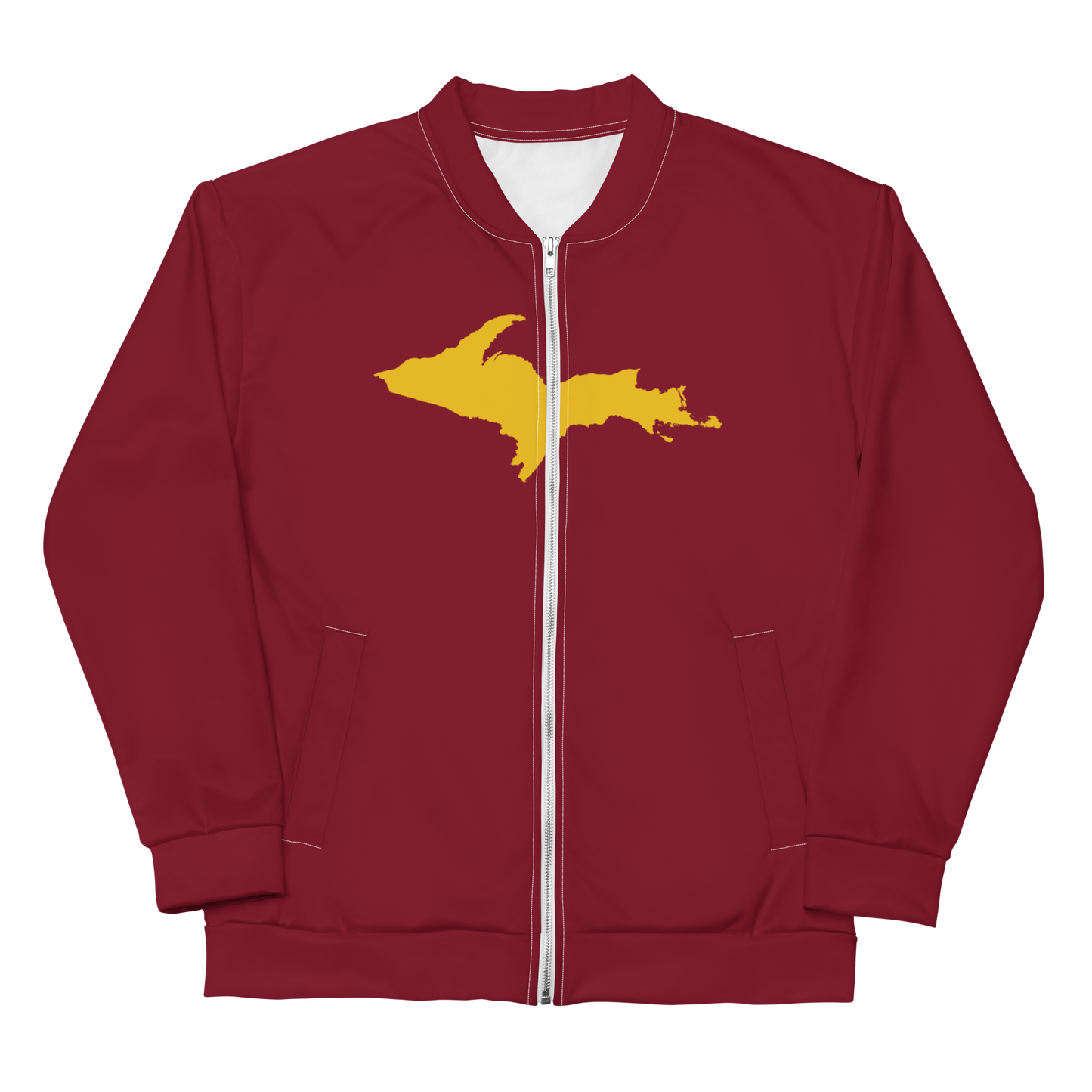 Michigan Upper Peninsula Bomber Jacket (w/ Large Gold UP Outline) | Burgandy