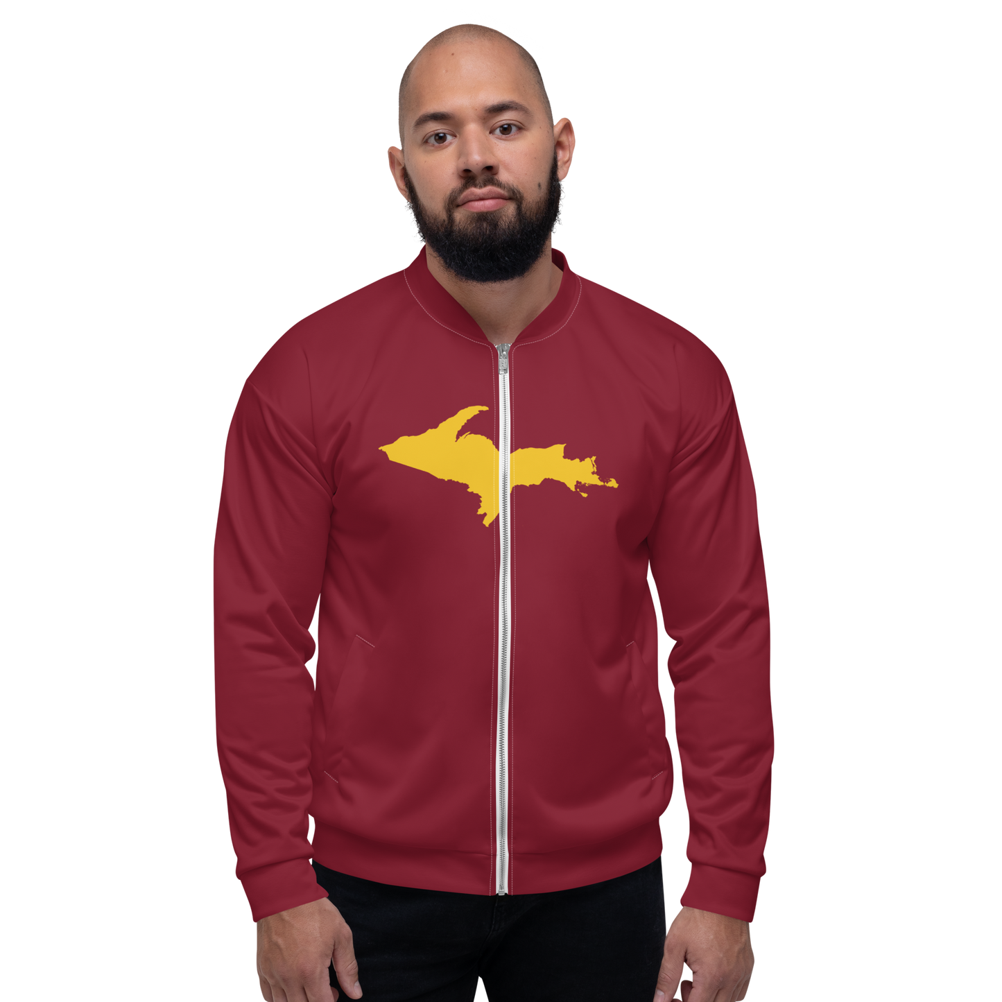 Michigan Upper Peninsula Bomber Jacket (w/ Large Gold UP Outline) | Burgandy