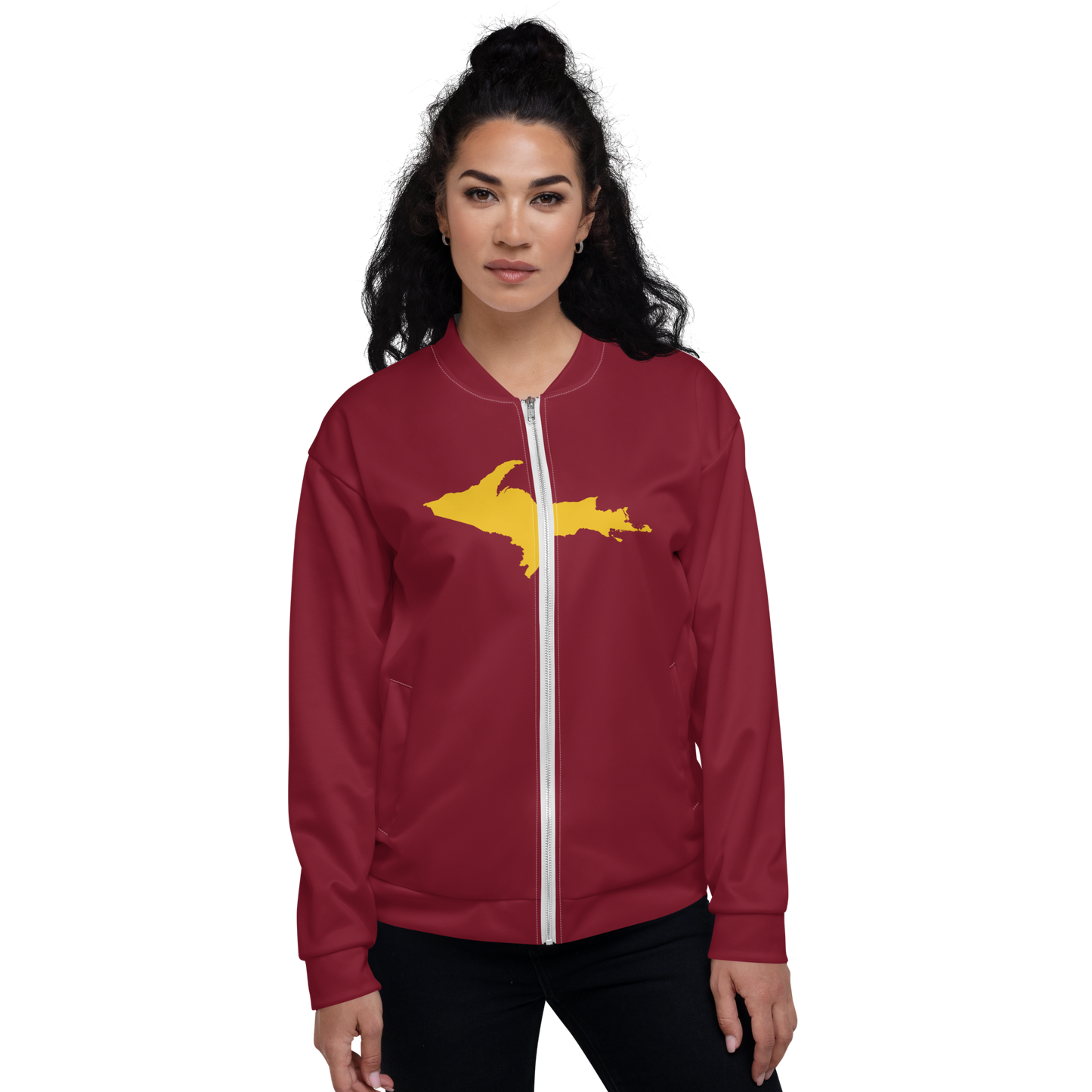 Michigan Upper Peninsula Bomber Jacket (w/ Large Gold UP Outline) | Burgandy