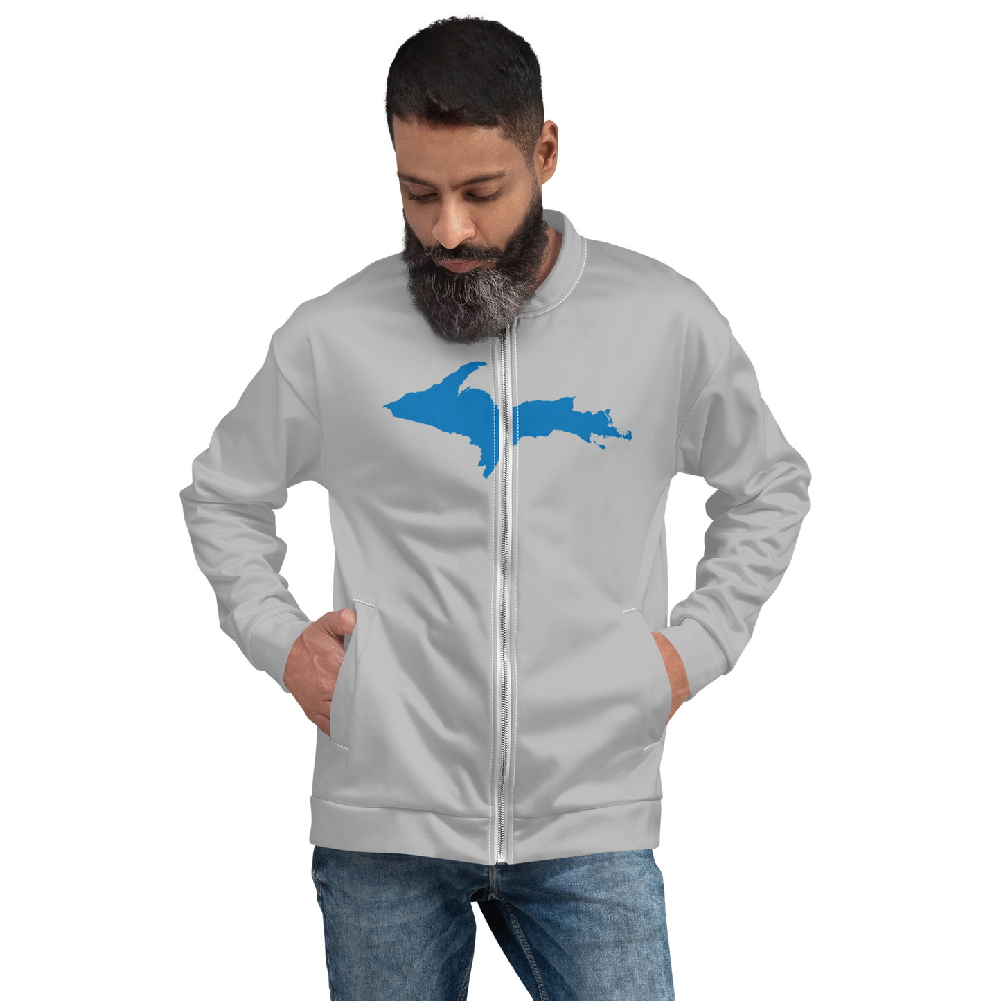 Michigan Upper Peninsula Bomber Jacket (w/ Large Azure UP Outline) | Silver