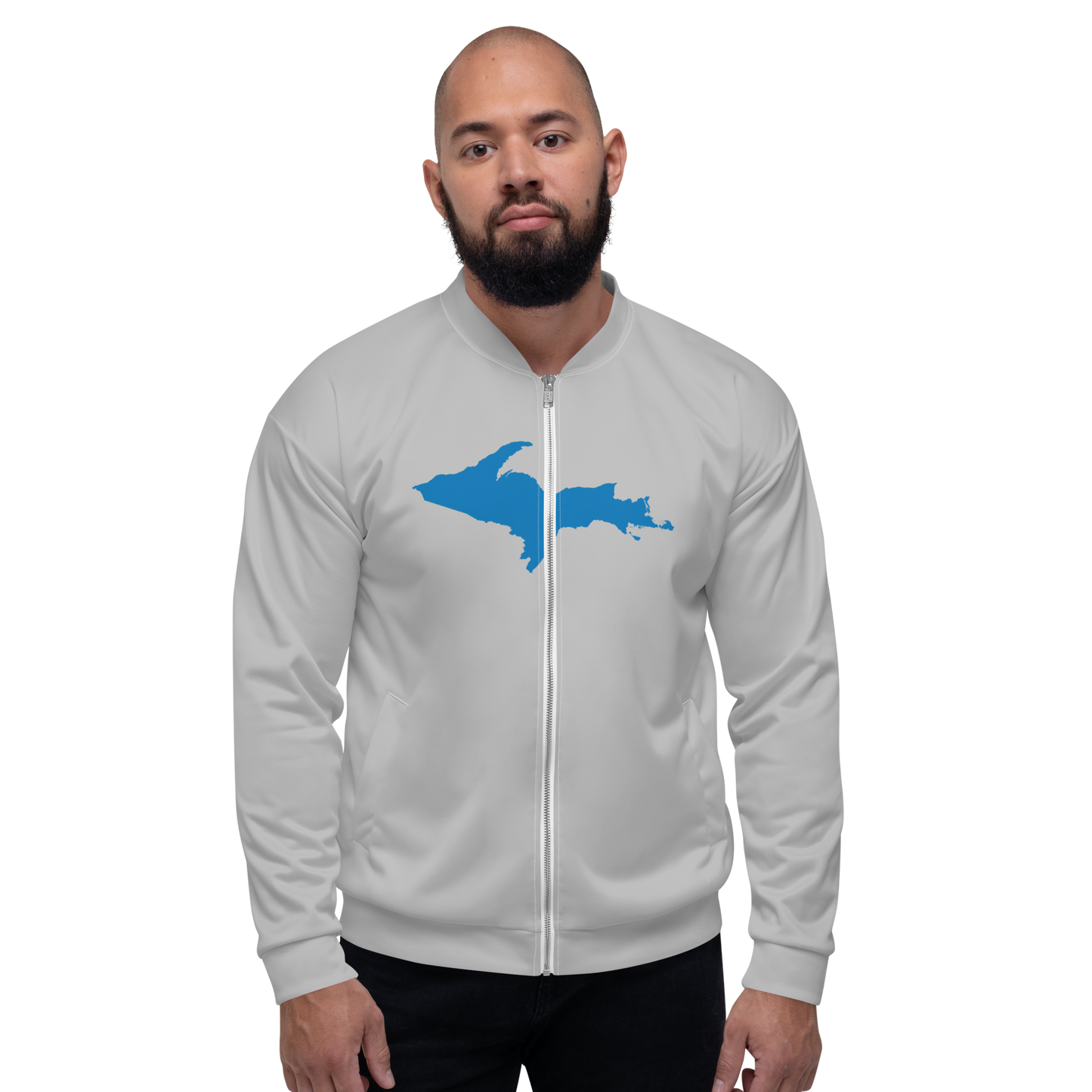 Michigan Upper Peninsula Bomber Jacket (w/ Large Azure UP Outline) | Silver