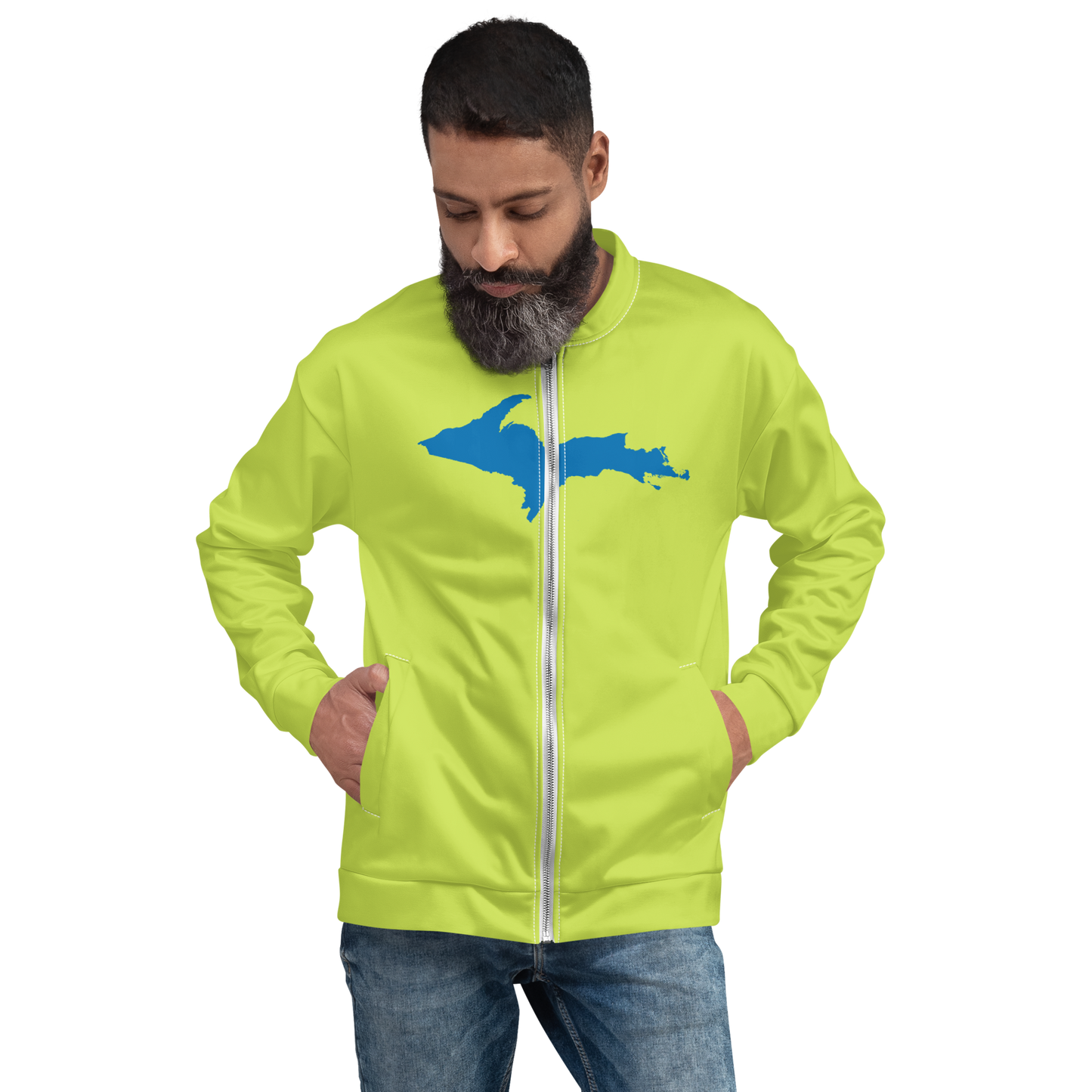 Michigan Upper Peninsula Bomber Jacket (w/ Large Azure UP Outline) | Gooseberry Green