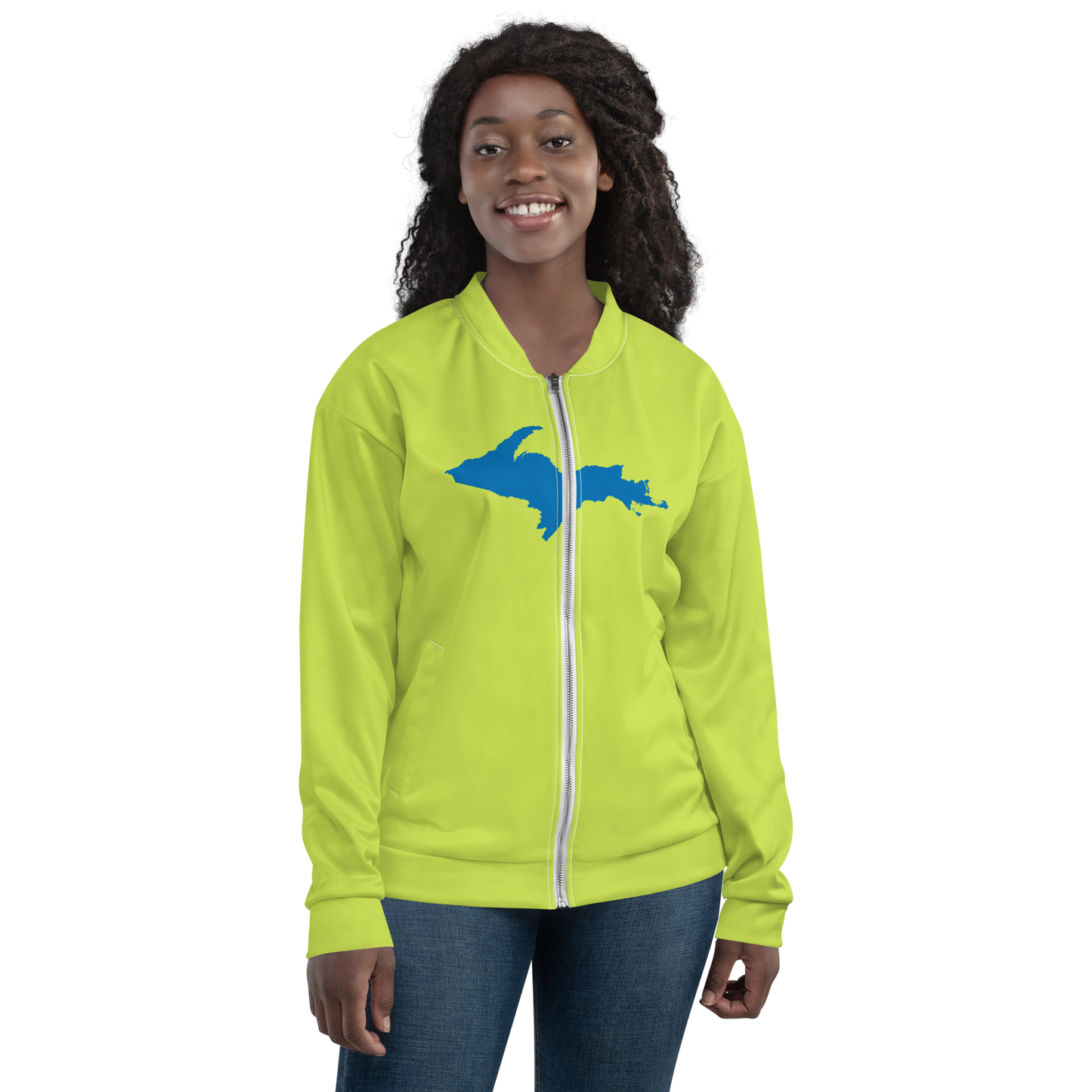 Michigan Upper Peninsula Bomber Jacket (w/ Large Azure UP Outline) | Gooseberry Green