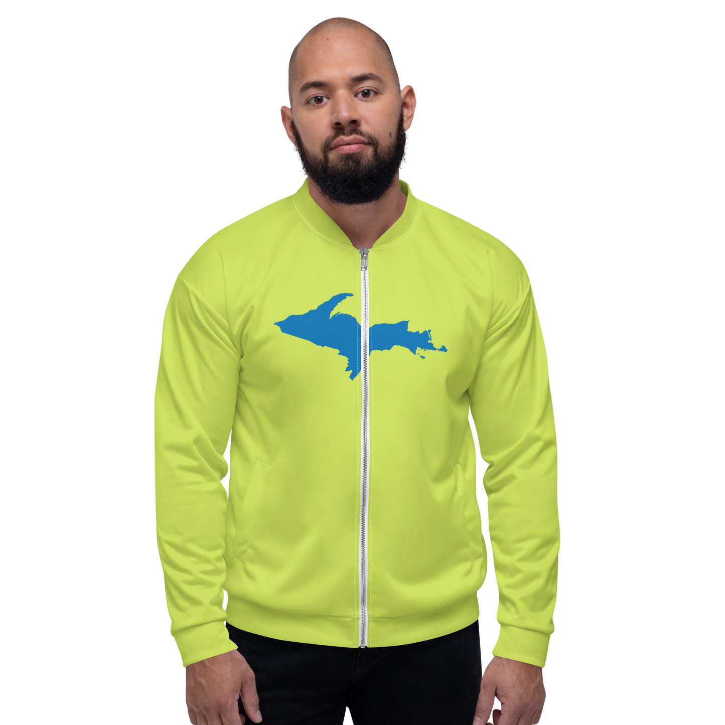 Michigan Upper Peninsula Bomber Jacket (w/ Large Azure UP Outline) | Gooseberry Green