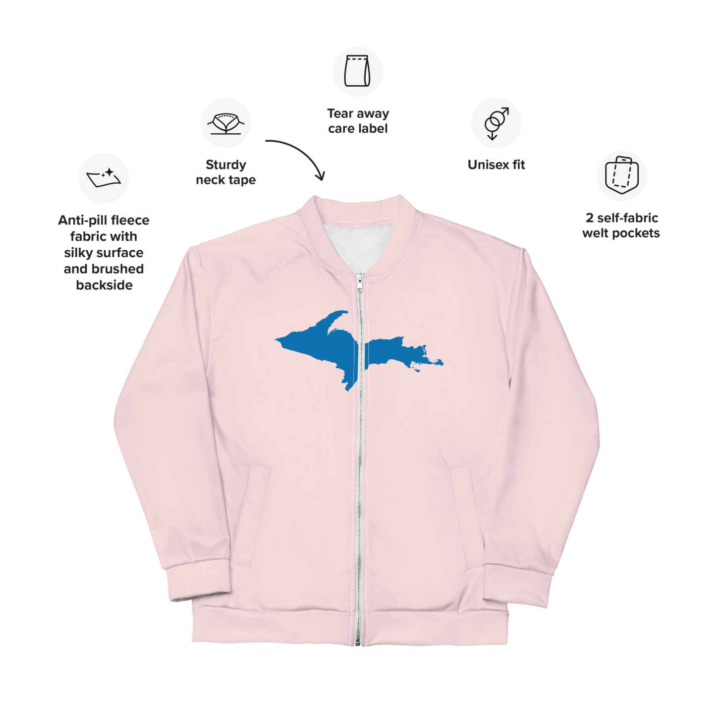 Michigan Upper Peninsula Bomber Jacket (w/ Large Azure UP Outline) | Pale Pink