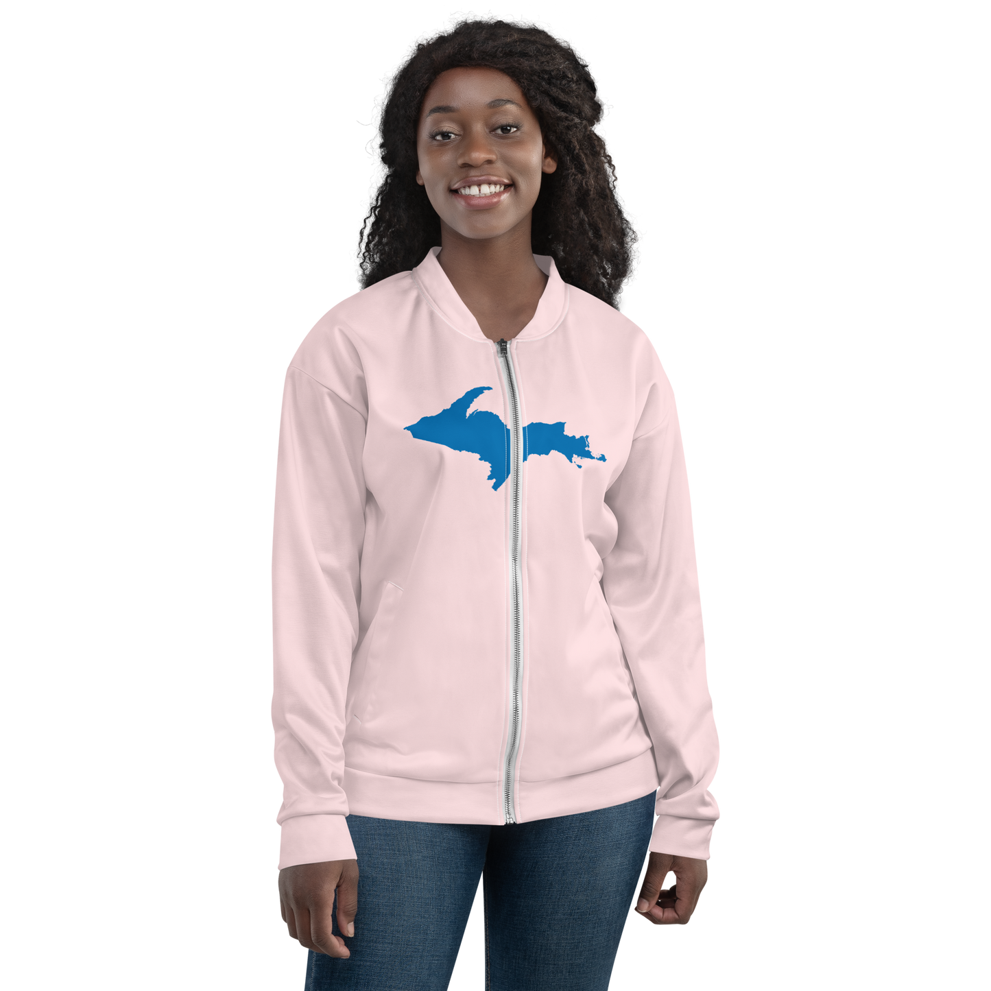 Michigan Upper Peninsula Bomber Jacket (w/ Large Azure UP Outline) | Pale Pink