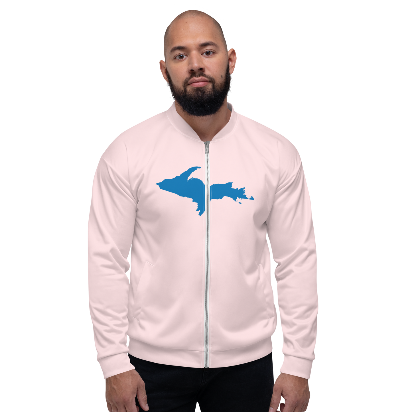 Michigan Upper Peninsula Bomber Jacket (w/ Large Azure UP Outline) | Pale Pink