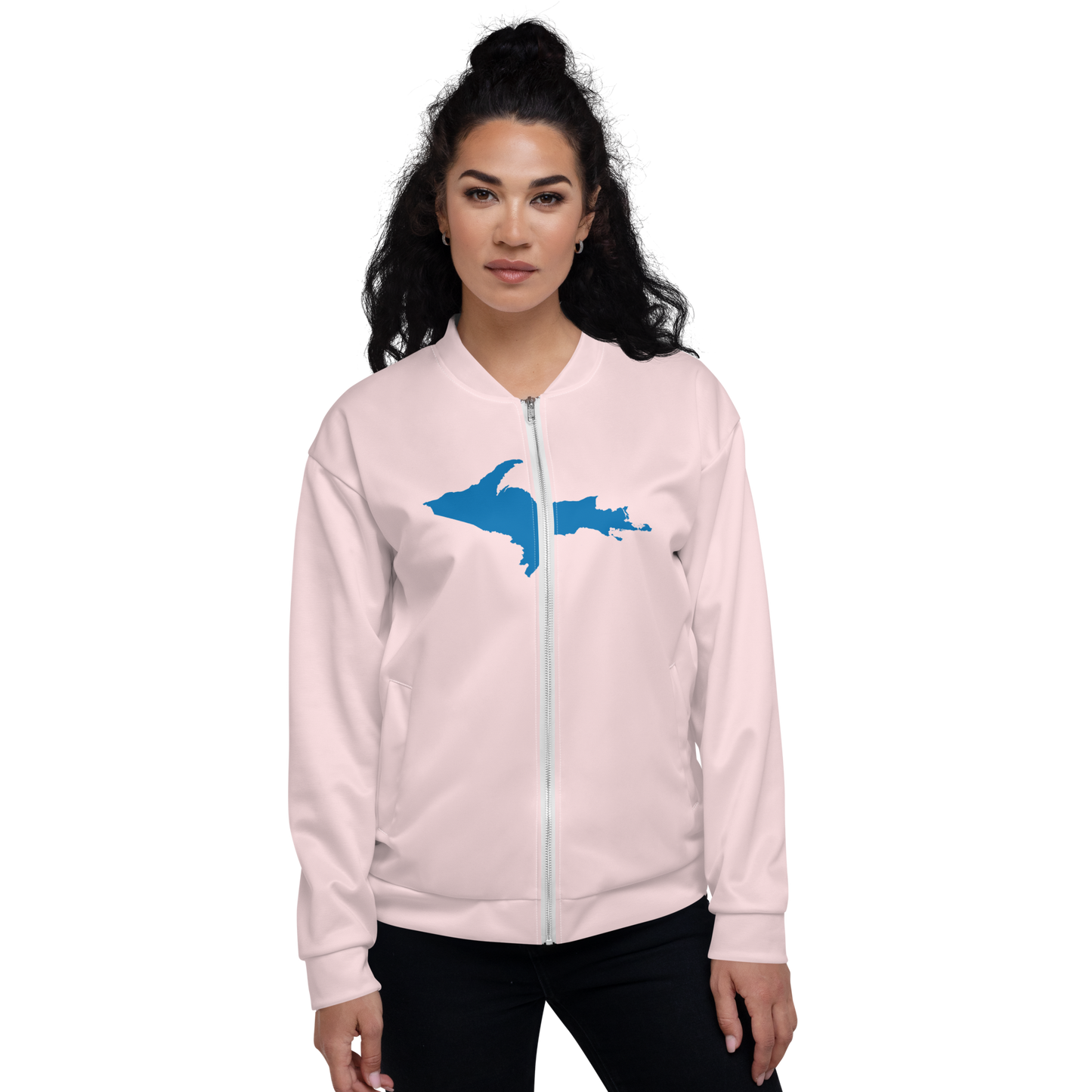 Michigan Upper Peninsula Bomber Jacket (w/ Large Azure UP Outline) | Pale Pink