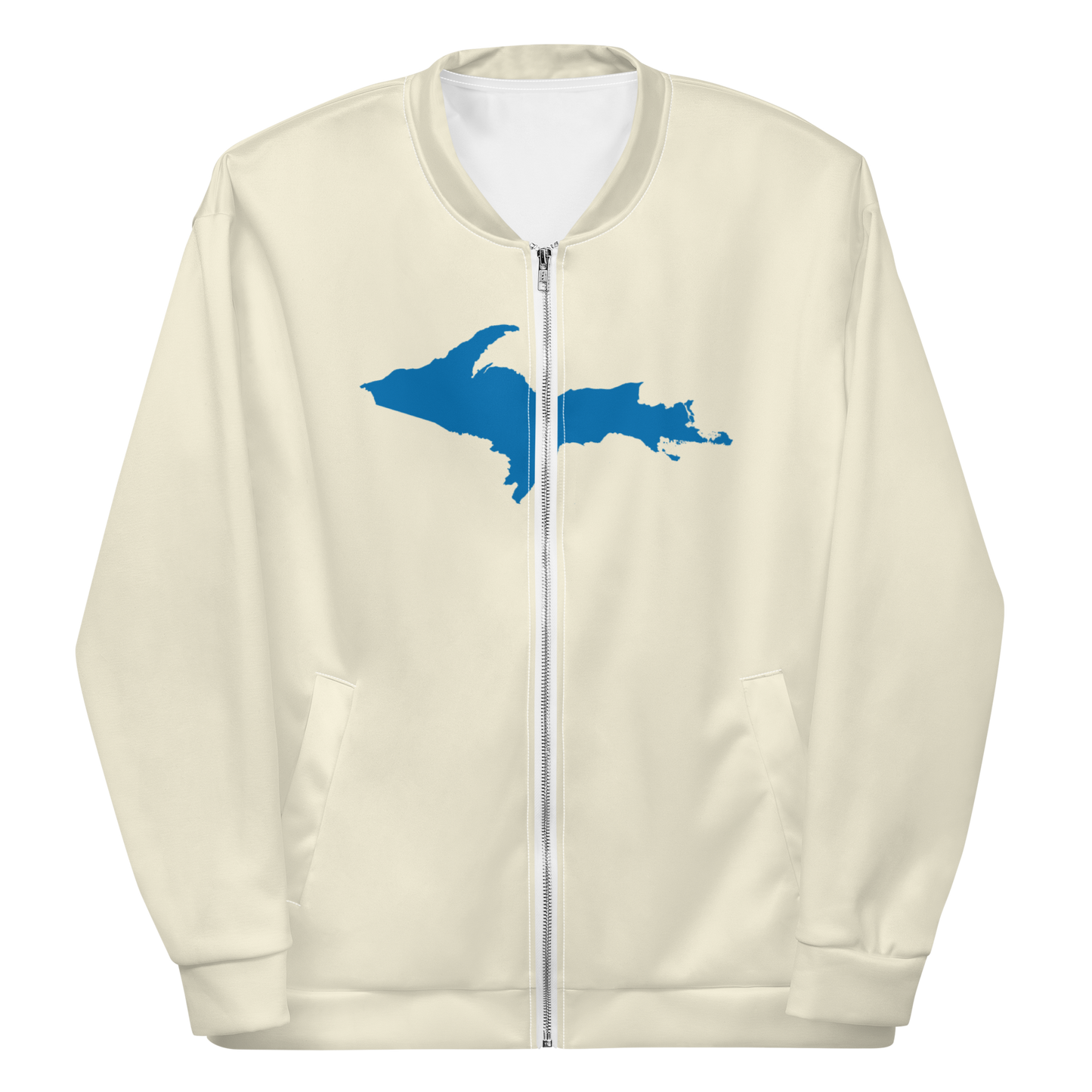 Michigan Upper Peninsula Bomber Jacket (w/ Large Azure UP Outline) | Ivory White