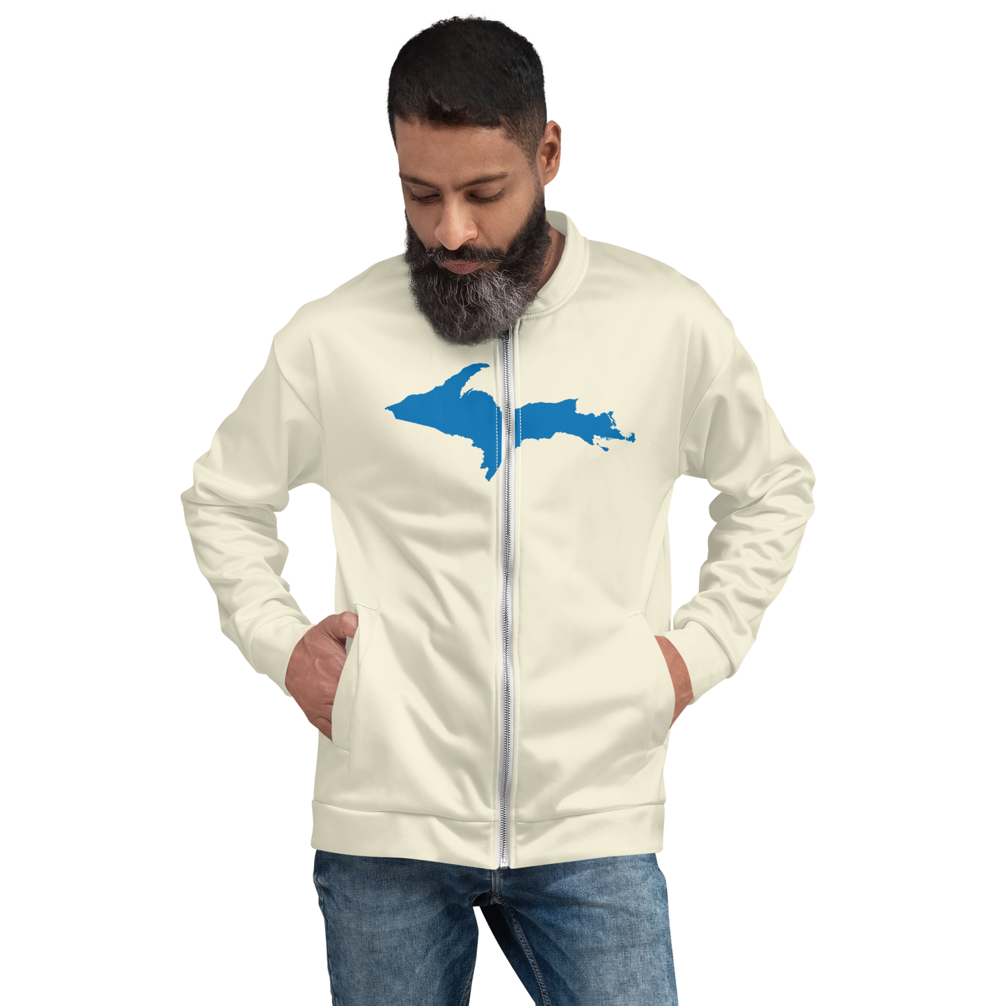 Michigan Upper Peninsula Bomber Jacket (w/ Large Azure UP Outline) | Ivory White