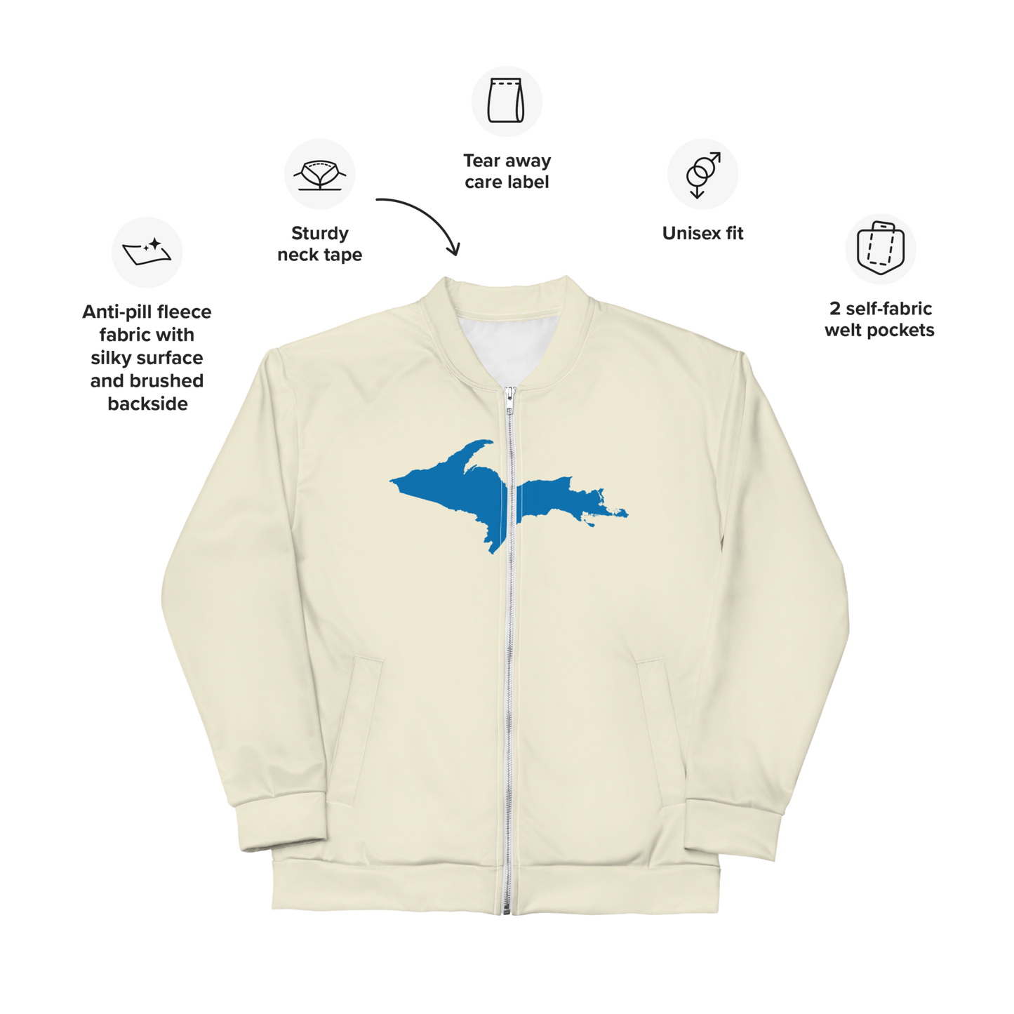 Michigan Upper Peninsula Bomber Jacket (w/ Large Azure UP Outline) | Ivory White