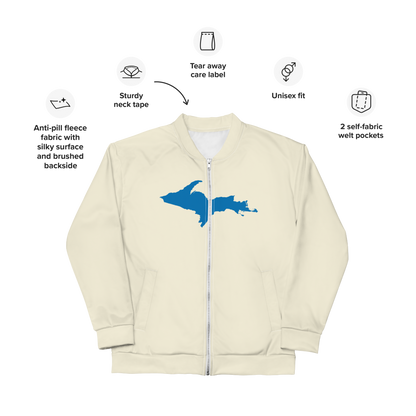 Michigan Upper Peninsula Bomber Jacket (w/ Large Azure UP Outline) | Ivory White