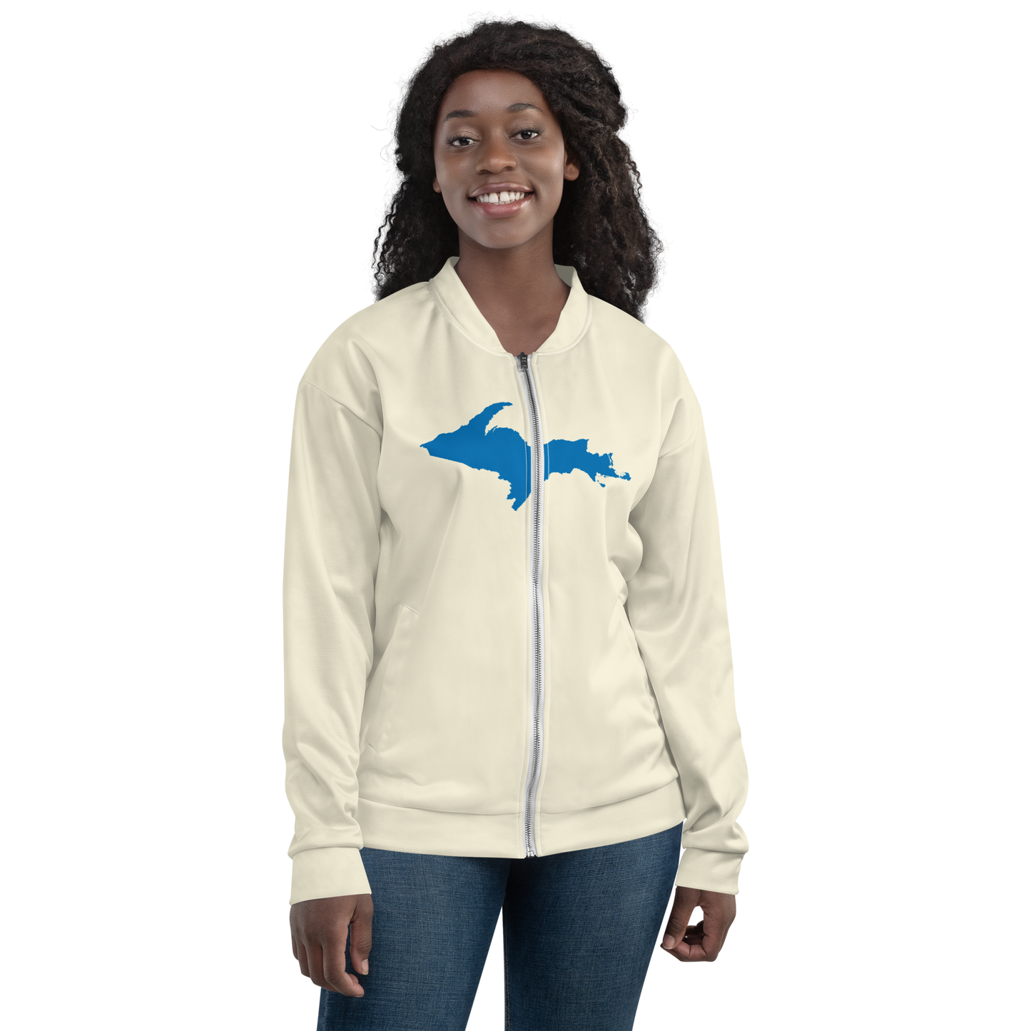 Michigan Upper Peninsula Bomber Jacket (w/ Large Azure UP Outline) | Ivory White