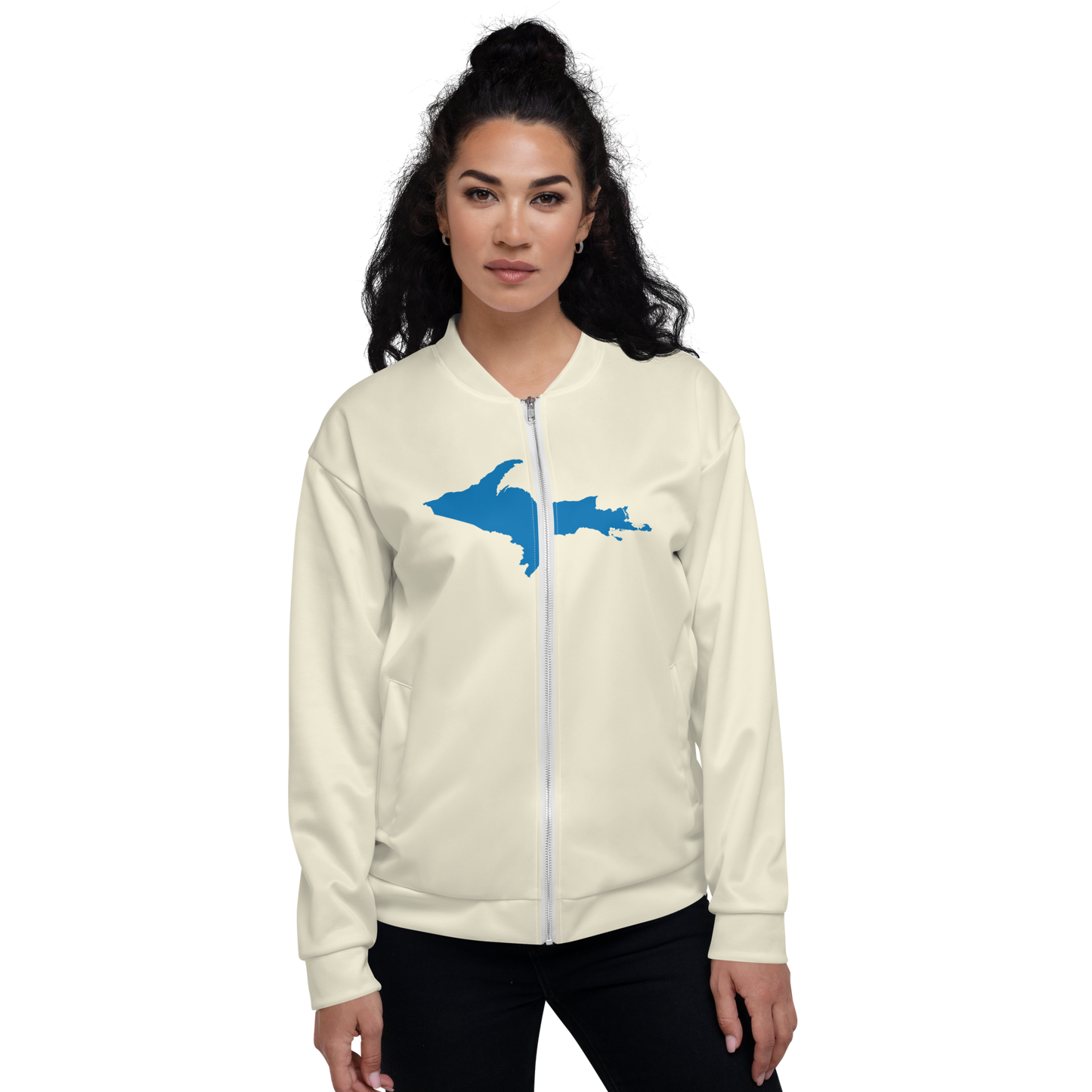 Michigan Upper Peninsula Bomber Jacket (w/ Large Azure UP Outline) | Ivory White