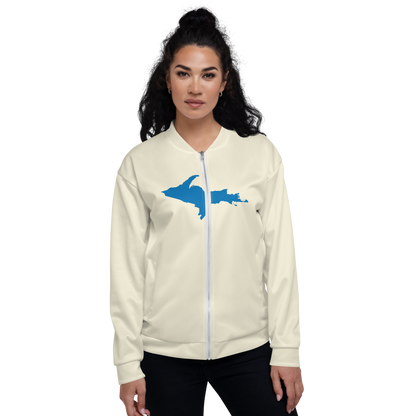 Michigan Upper Peninsula Bomber Jacket (w/ Large Azure UP Outline) | Ivory White