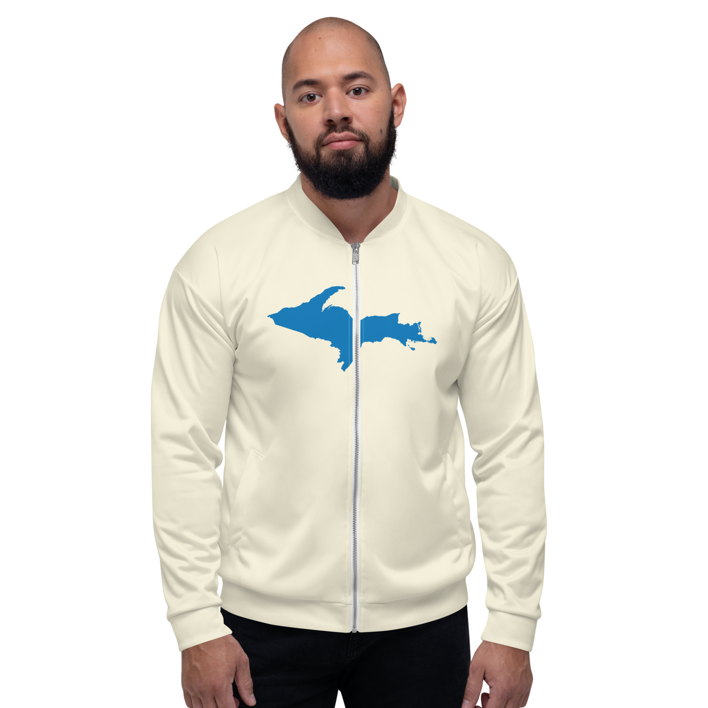 Michigan Upper Peninsula Bomber Jacket (w/ Large Azure UP Outline) | Ivory White