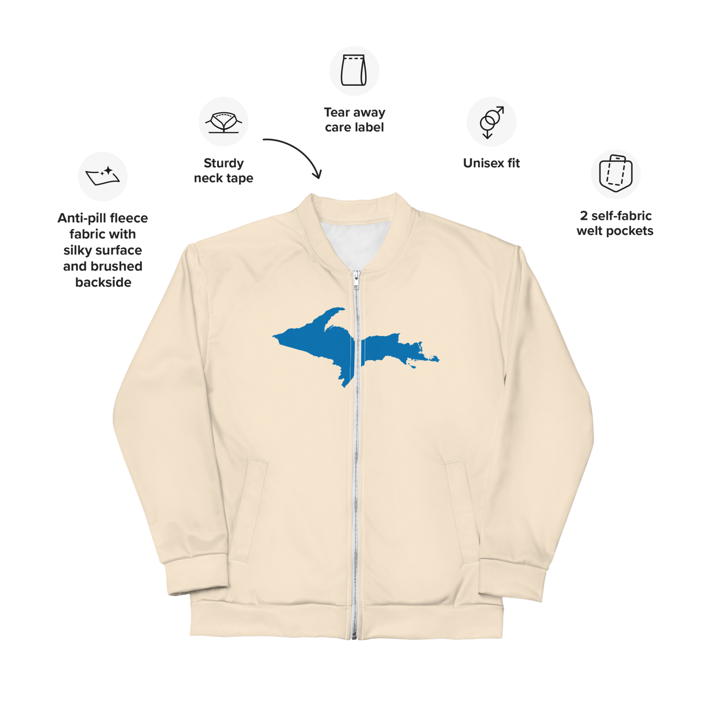 Michigan Upper Peninsula Bomber Jacket (w/ Large Azure UP Outline) | Champagne White