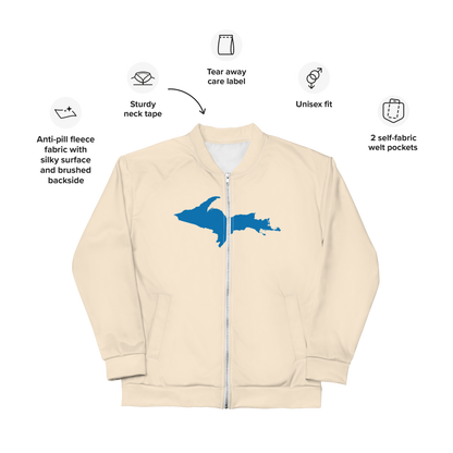 Michigan Upper Peninsula Bomber Jacket (w/ Large Azure UP Outline) | Champagne White