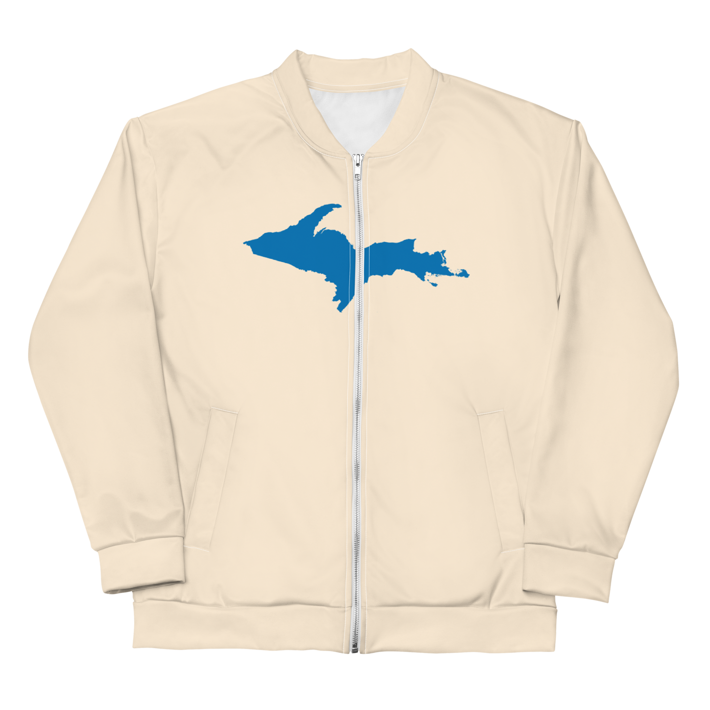 Michigan Upper Peninsula Bomber Jacket (w/ Large Azure UP Outline) | Champagne White