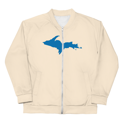 Michigan Upper Peninsula Bomber Jacket (w/ Large Azure UP Outline) | Champagne White