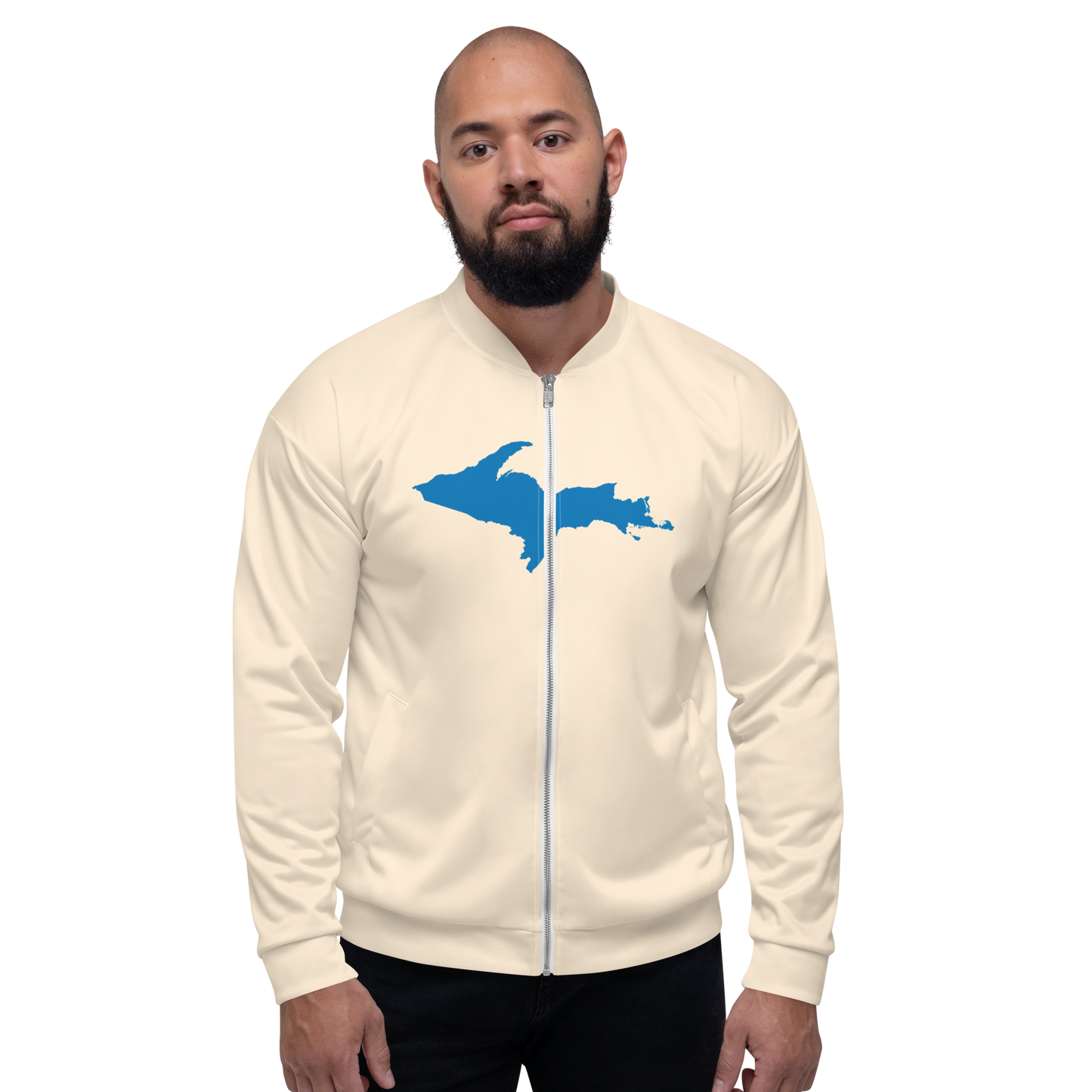 Michigan Upper Peninsula Bomber Jacket (w/ Large Azure UP Outline) | Champagne White