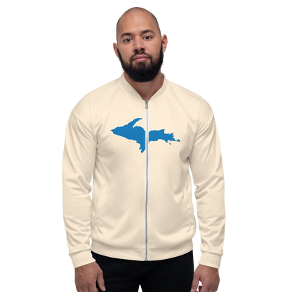 Michigan Upper Peninsula Bomber Jacket (w/ Large Azure UP Outline) | Champagne White