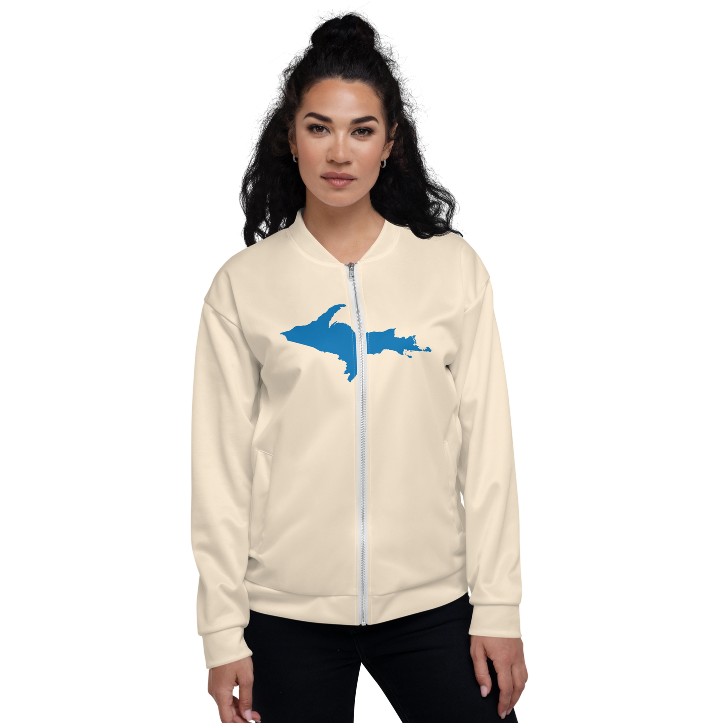 Michigan Upper Peninsula Bomber Jacket (w/ Large Azure UP Outline) | Champagne White