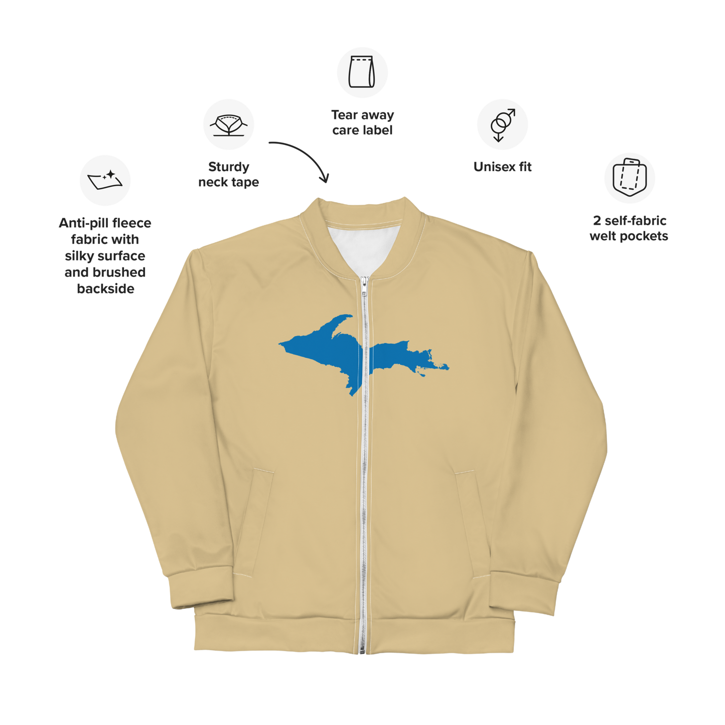 Michigan Upper Peninsula Bomber Jacket (w/ Large Azure UP Outline) | Maple Color