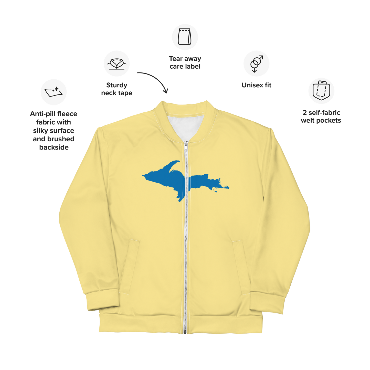 Michigan Upper Peninsula Bomber Jacket (w/ Large Azure UP Outline) | Cherry Yellow