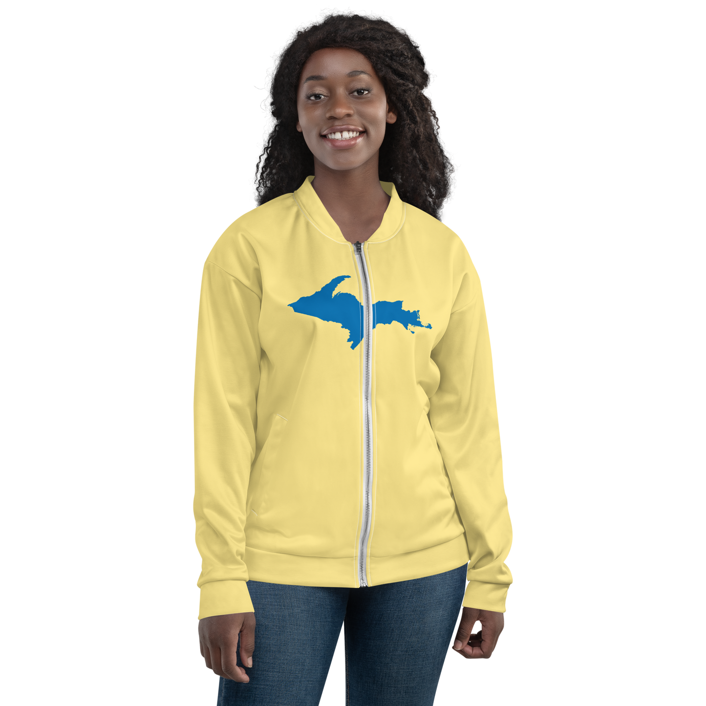 Michigan Upper Peninsula Bomber Jacket (w/ Large Azure UP Outline) | Cherry Yellow