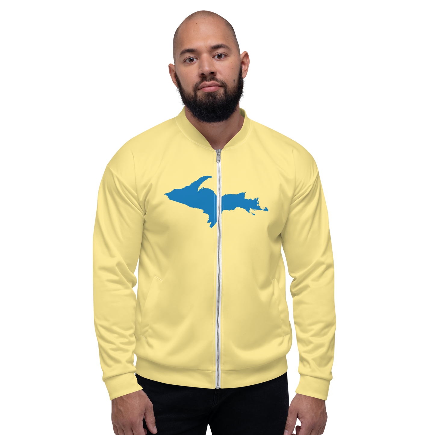 Michigan Upper Peninsula Bomber Jacket (w/ Large Azure UP Outline) | Cherry Yellow