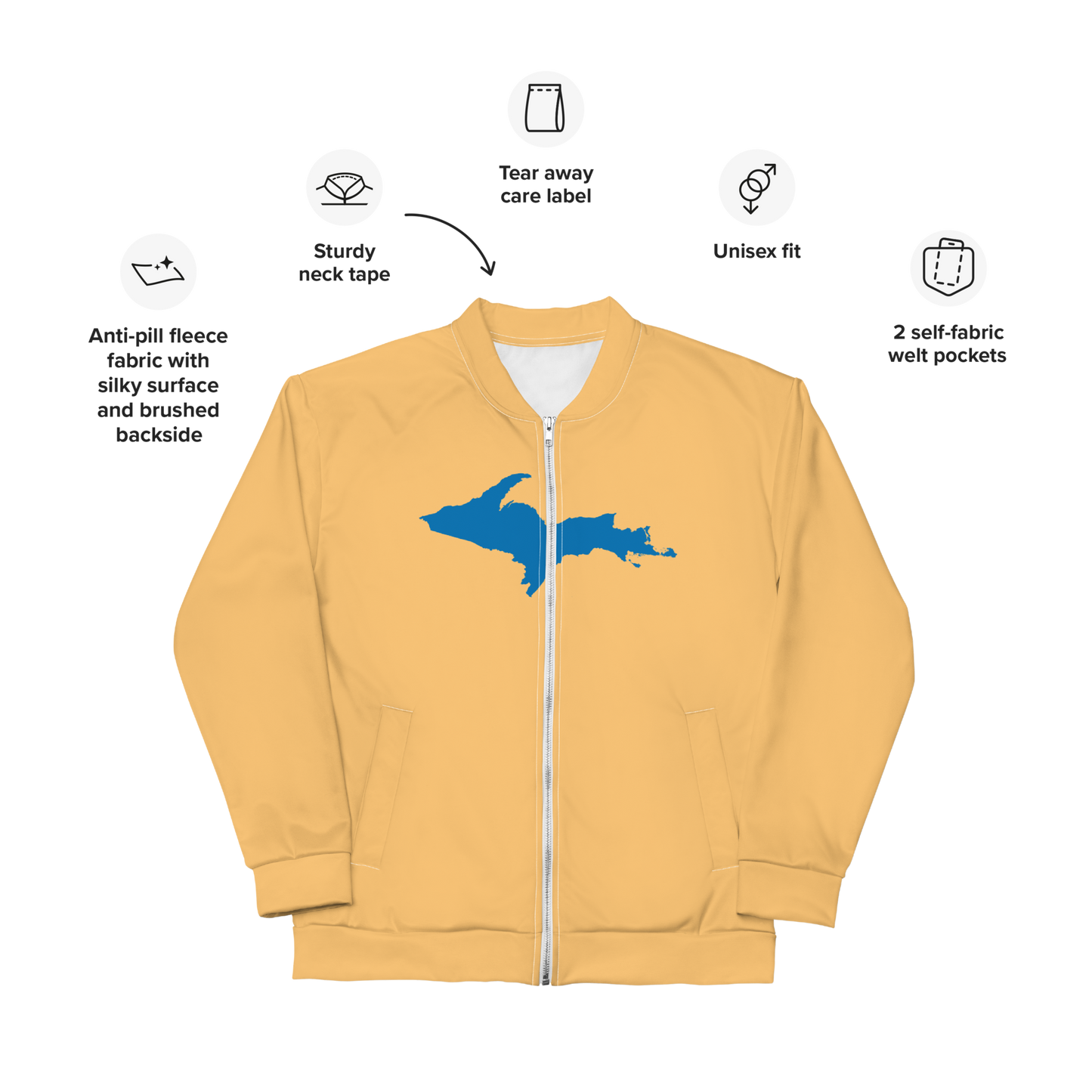 Michigan Upper Peninsula Bomber Jacket (w/ Large Azure UP Outline) | Apricot Color