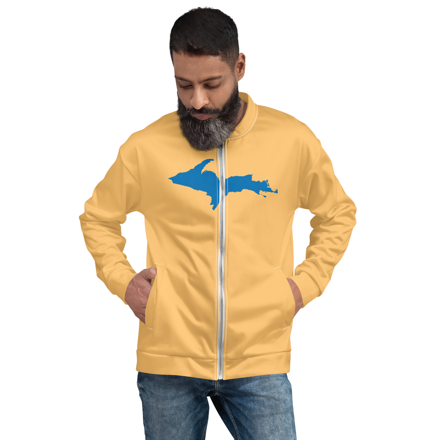 Michigan Upper Peninsula Bomber Jacket (w/ Large Azure UP Outline) | Apricot Color