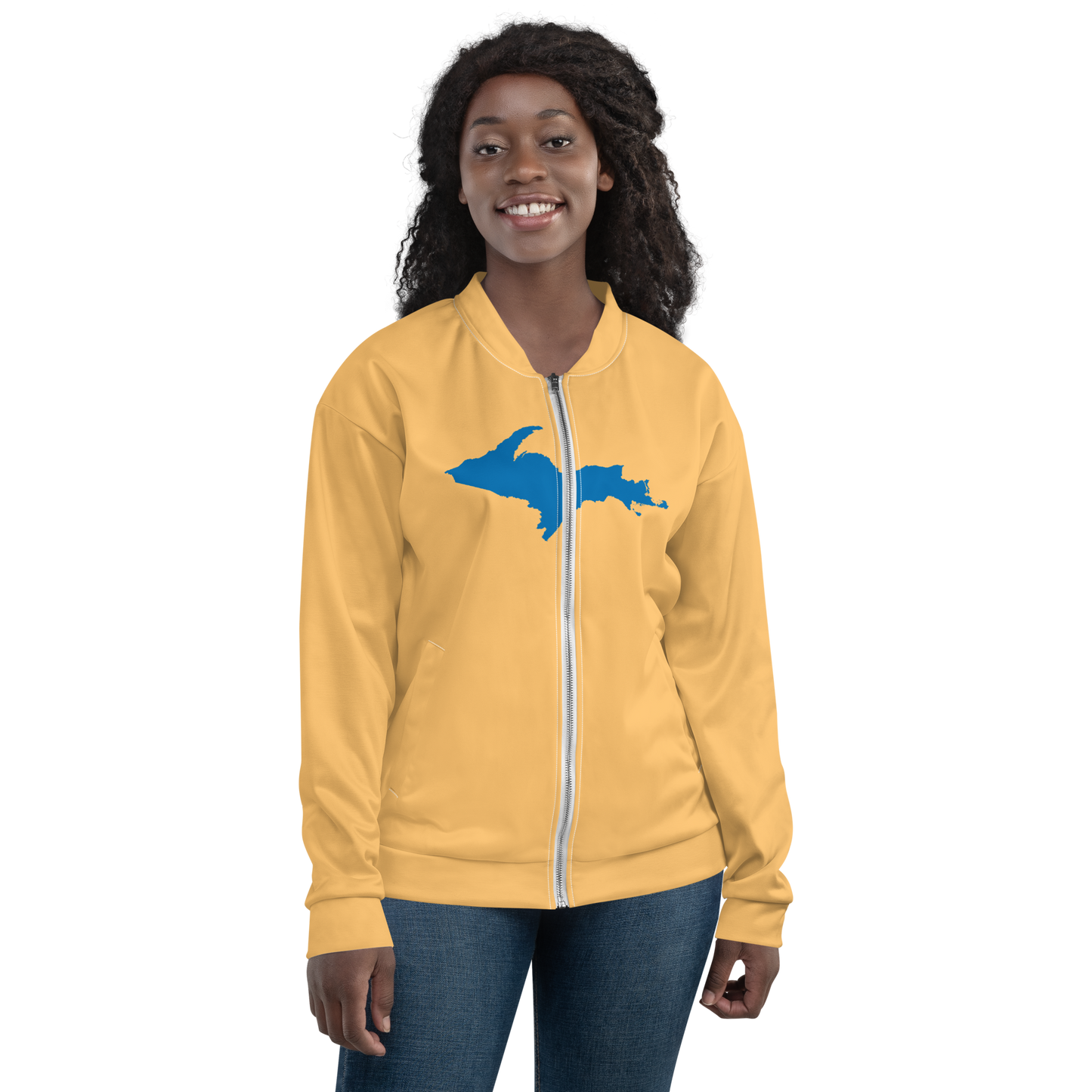 Michigan Upper Peninsula Bomber Jacket (w/ Large Azure UP Outline) | Apricot Color