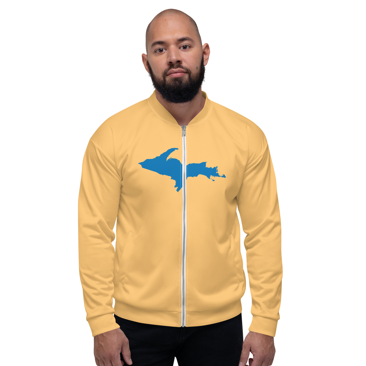 Michigan Upper Peninsula Bomber Jacket (w/ Large Azure UP Outline) | Apricot Color