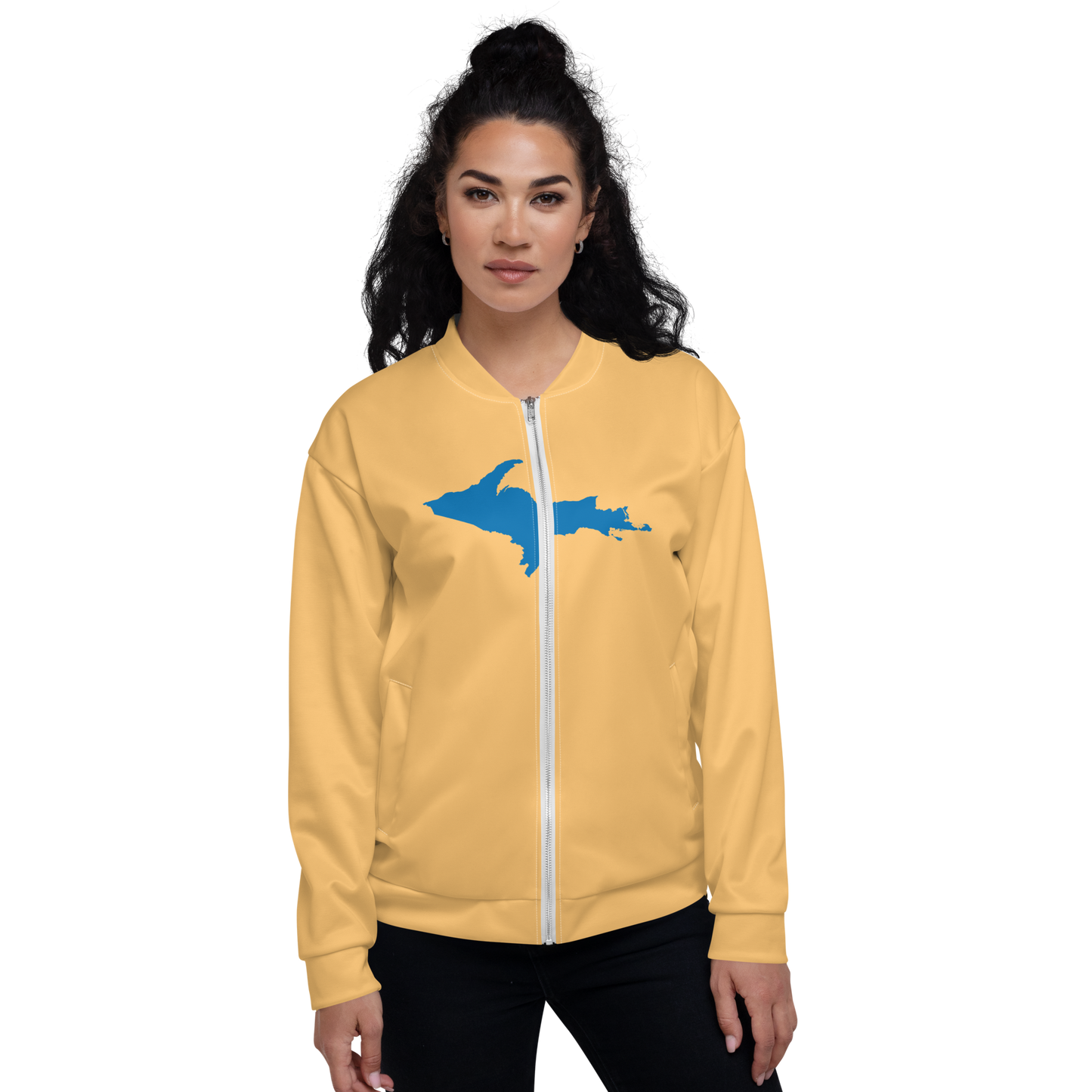 Michigan Upper Peninsula Bomber Jacket (w/ Large Azure UP Outline) | Apricot Color