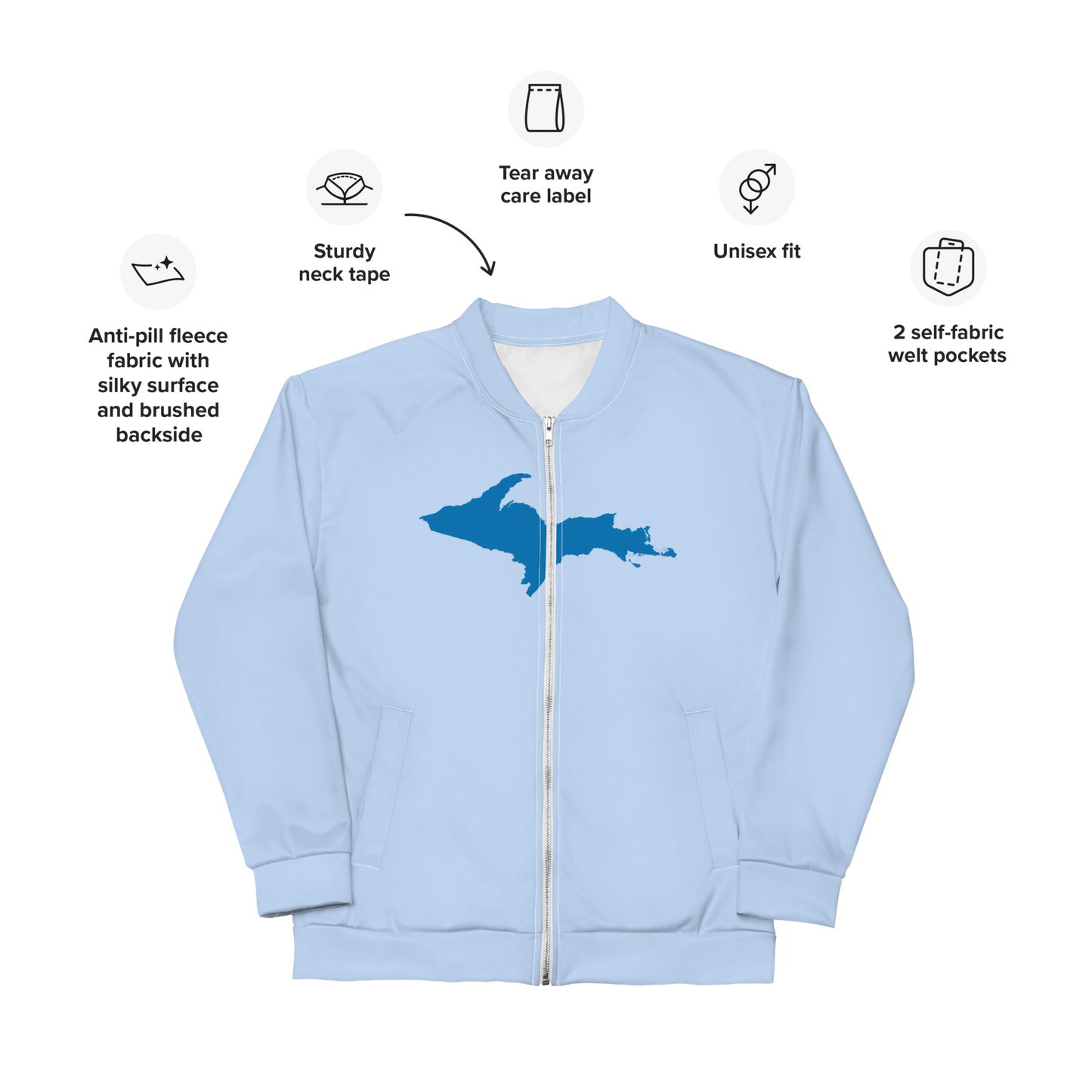 Michigan Upper Peninsula Bomber Jacket (w/ Large Azure UP Outline) | Light Blue