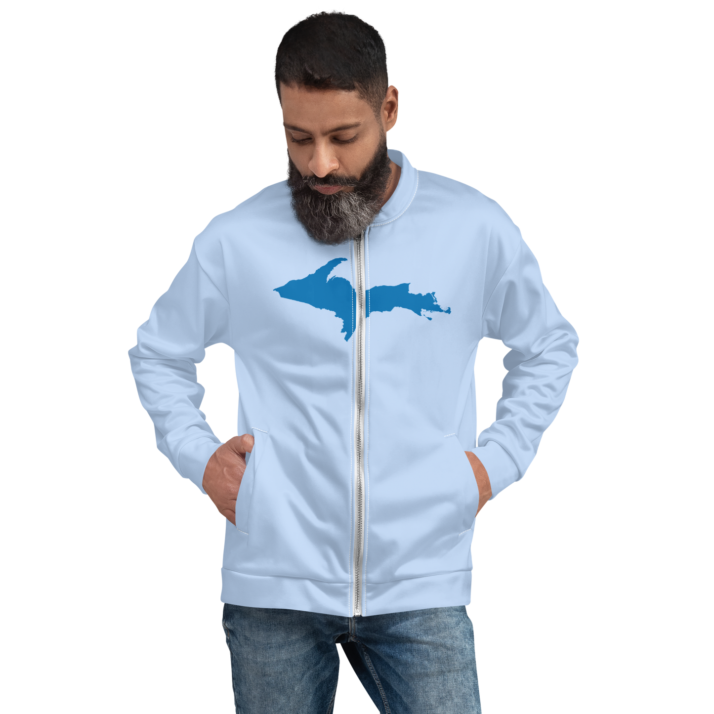 Michigan Upper Peninsula Bomber Jacket (w/ Large Azure UP Outline) | Light Blue